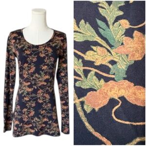 Peruvian Connection Long Sleeve T-Shirt Dark Blue Orange Floral Women's size Med